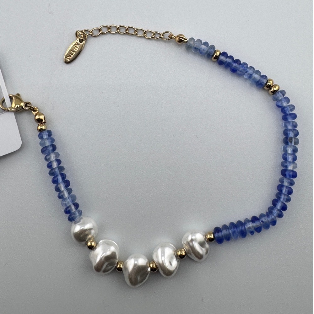 14K Stainless Steel plated Blue Kyanite and Baroque Pearl Beaded Bracelet